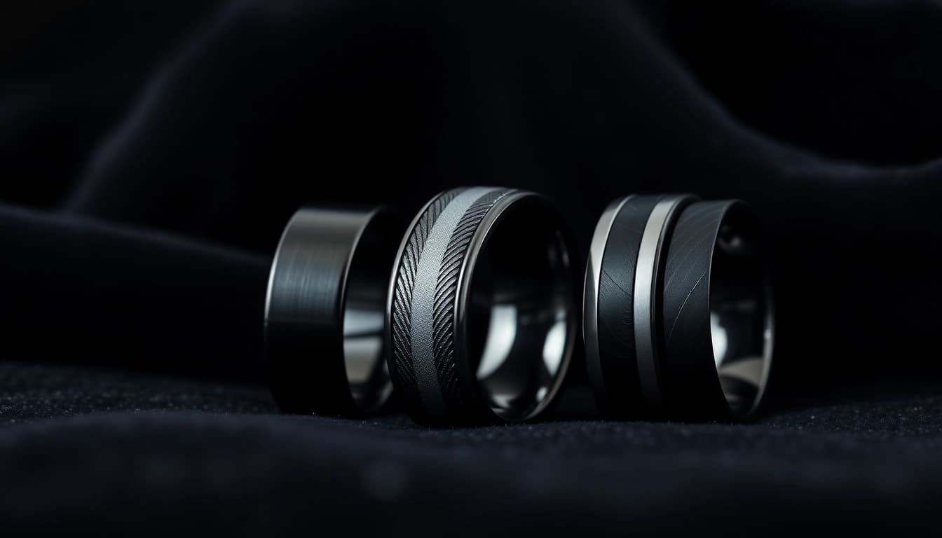 Showcase of dark mens wedding bands highlighting luxurious and modern designs.
