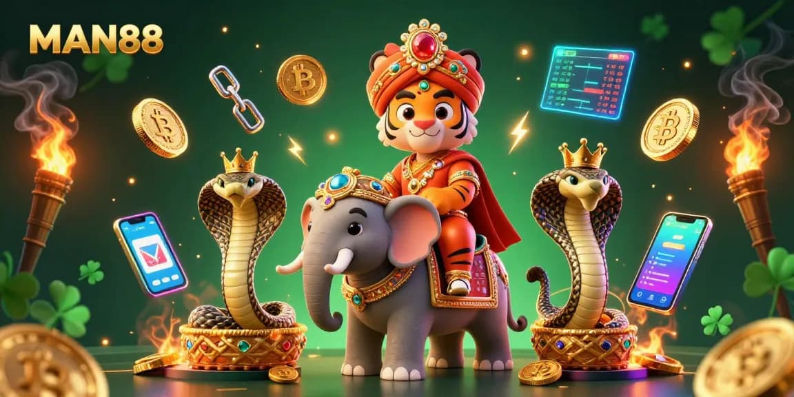 Experience MAN88's thrilling online betting with a spectacular scene of a maharaja tiger amidst crypto and casino elements.