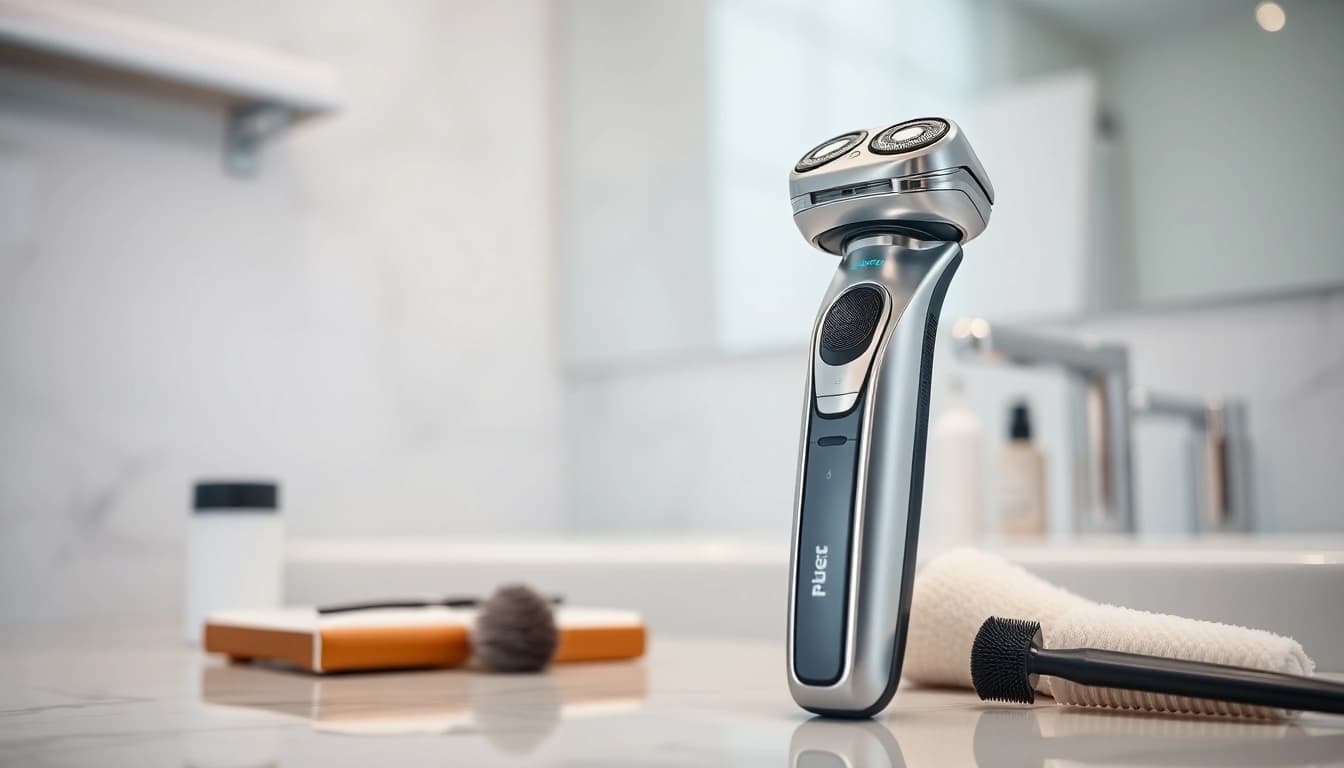 Laifentech electric shaver displayed in a stylish bathroom, highlighting its sleek features.
