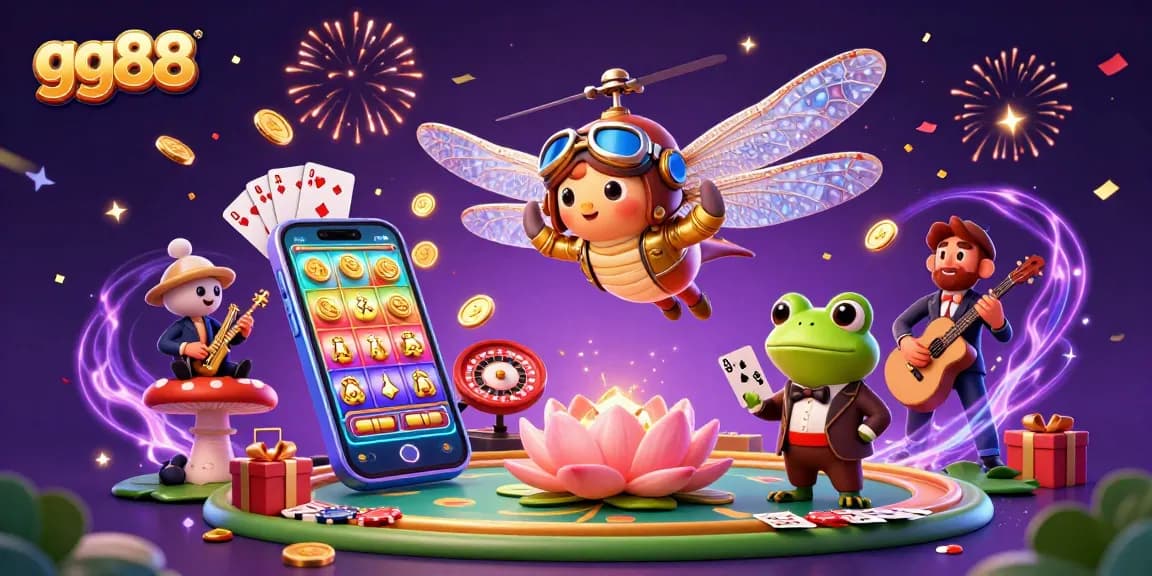 Experience gg88 casino magic with a dragonfly pilot and frog dealer in a vibrant 3D scene.
