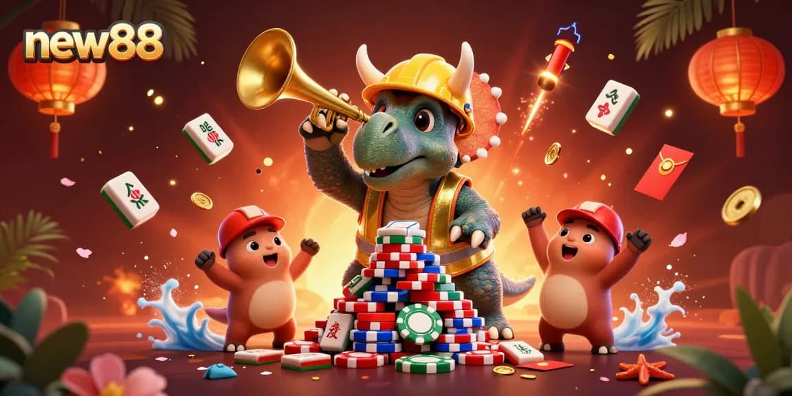Celebrate wins with new88 in this vibrant 3D casino scene featuring playful characters.