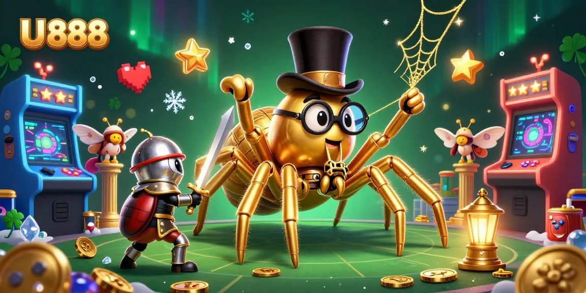 Win big with U 888 in this lively illustration featuring a golden tarantula and beetle knight.