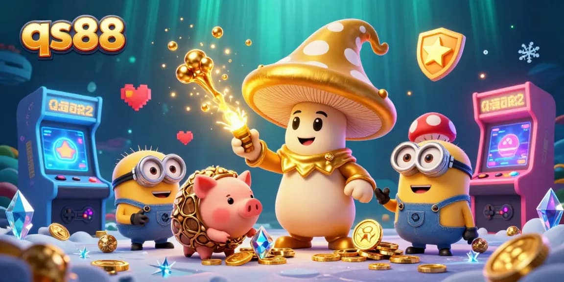 Experience the dynamic magic of qs88 with a whimsical golden mushroom wizard and treasure-hunting pig in this vibrant casino scene.