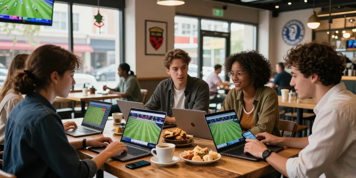 Situs Taruhan Bola Terpercaya enthusiasts enjoy lively discussions over coffee while engaging with sports betting platforms in a vibrant café.