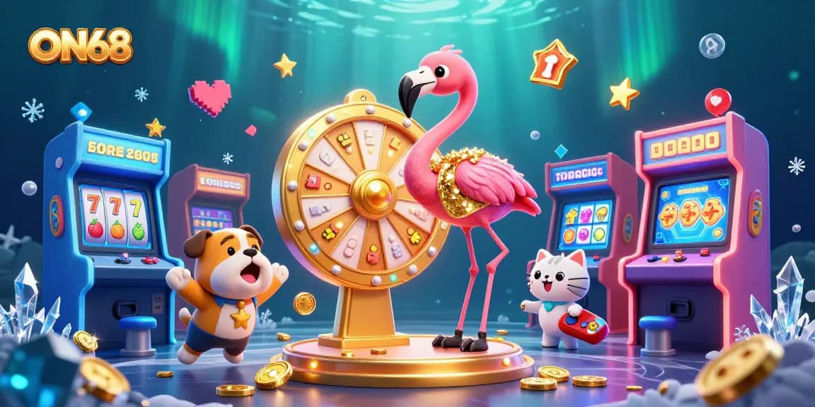 Experience the thrill of ON68 with a colorful casino game show scene featuring vibrant characters and exciting game elements.