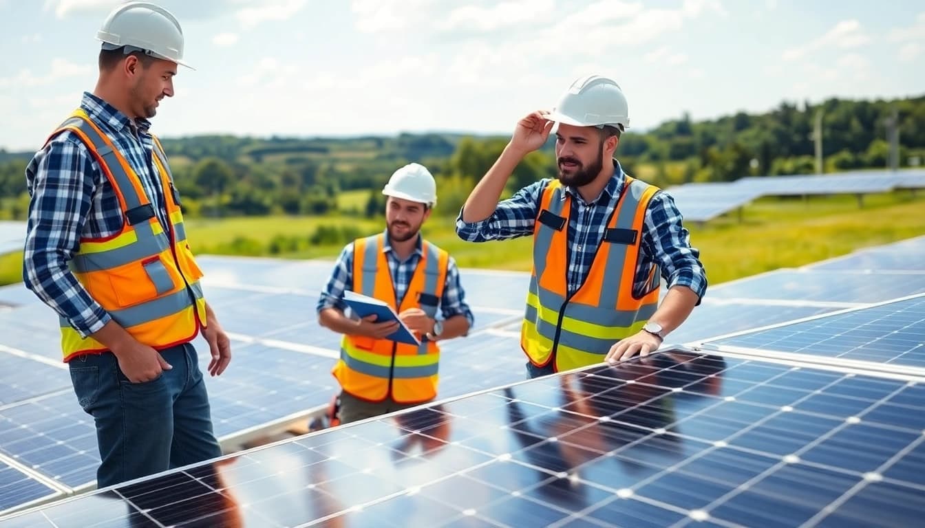 Engaged professionals conducting commercial solar maintenance New Jersey, highlighting teamwork and efficiency.