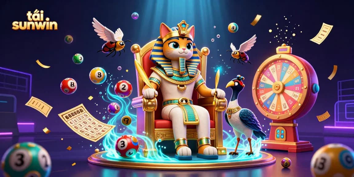 Playing lottery with tải sunwin in a vibrant casino scene featuring a pharaoh cat and ibis scribe.