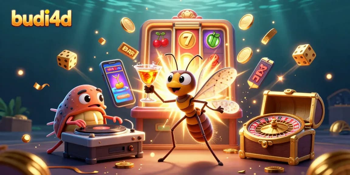 Experience the excitement of budi4d with a colorful 3D casino scene featuring slot machines and a festive atmosphere.