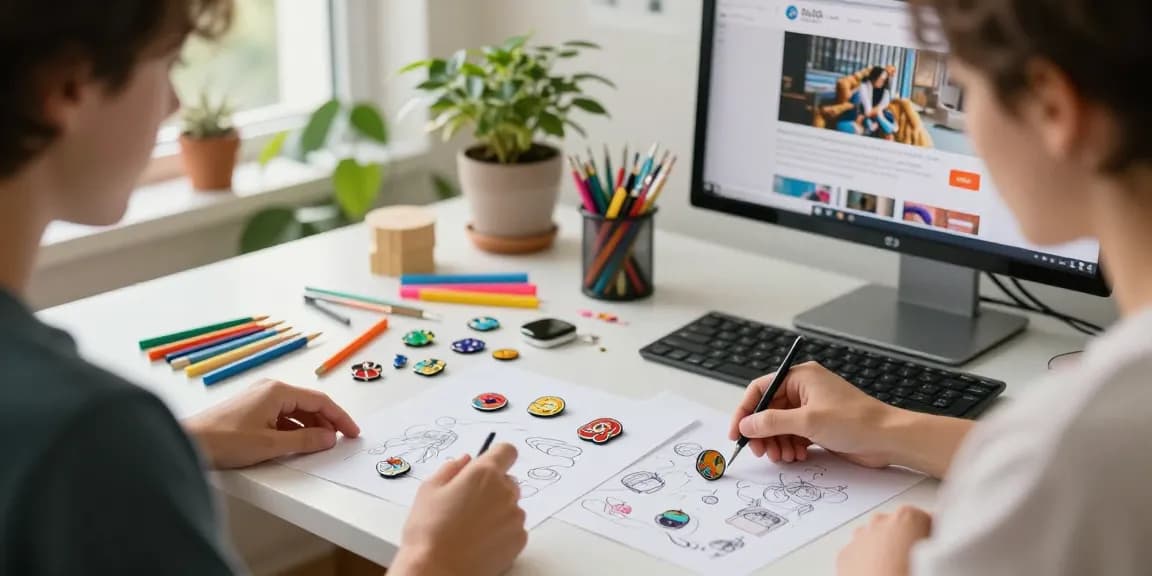 Custom pins displayed in a creative workspace with design tools and vibrant accessories.