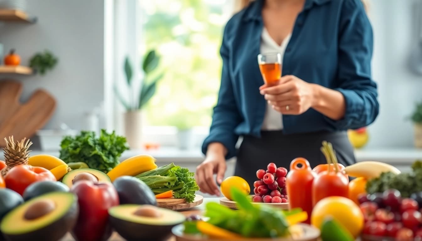 Revitalizing hormone balance diet with fresh produce in a bright kitchen.