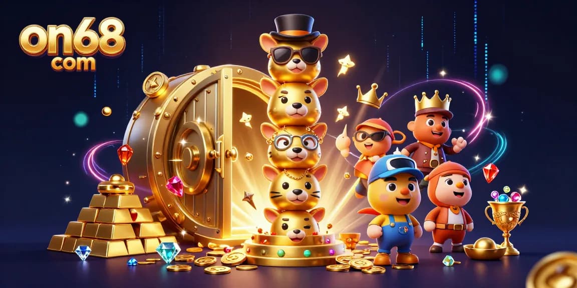 Join the excitement at on68 com, featuring a lively 3D casino scene with a golden totem pole and treasure elements.
