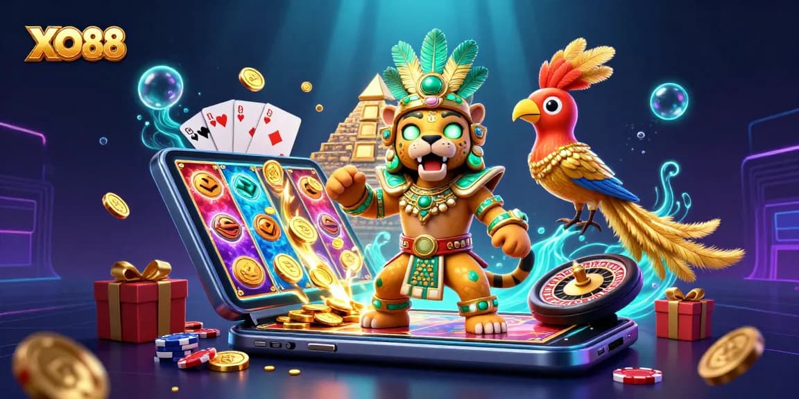 Experience thrill at XO88 with a vibrant 3D casino illustration featuring a Mayan priest and slot games.