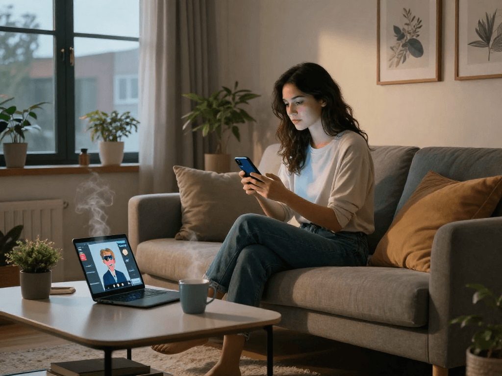 Engaging with an AI girlfriend on a smartphone in a cozy urban apartment setting.