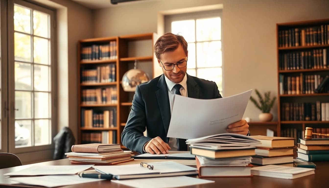Erbrecht dokumente werden von einem Anwalt in einem modernen Büro analysiert.