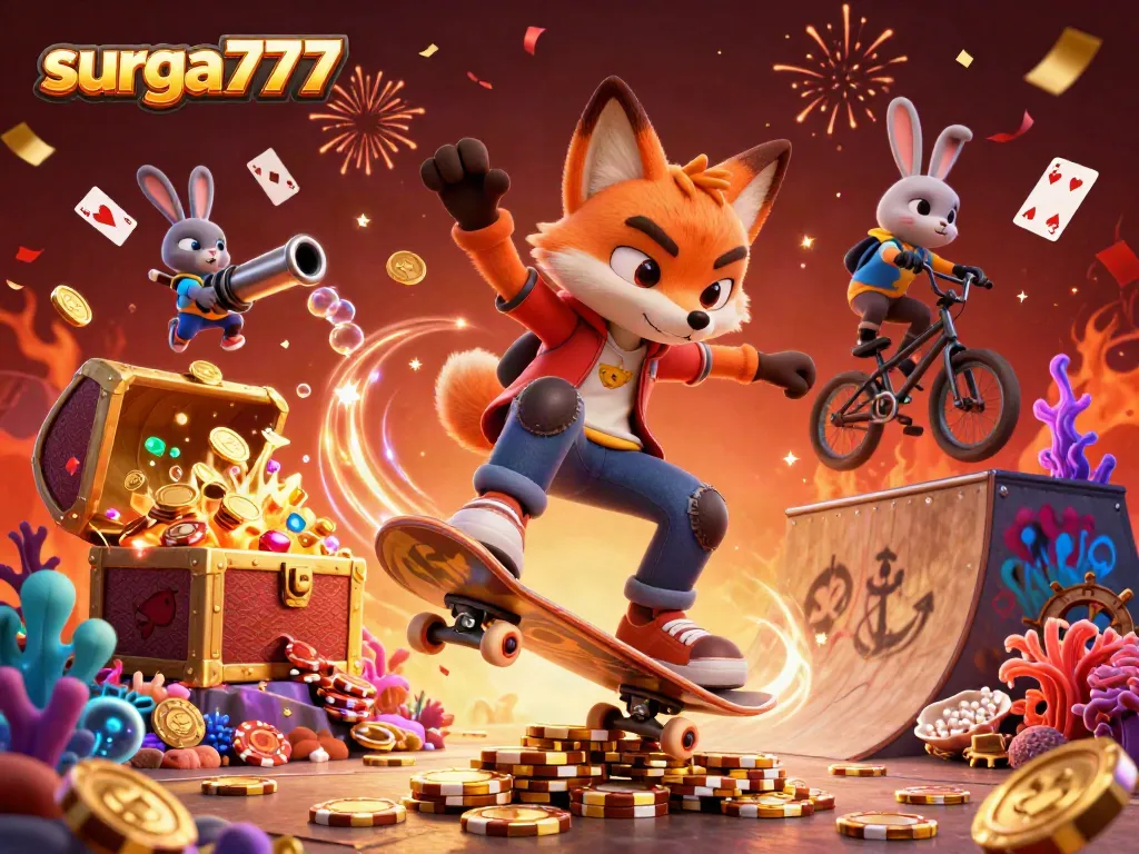 Experience high-energy fun in surga777 with cartoon characters celebrating over golden poker chips.