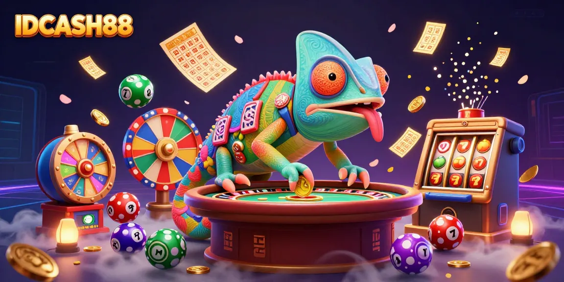 Engaging gaming scene featuring IDCASH88 with colorful elements of lottery balls, spinning prizes, and a vibrant casino atmosphere.