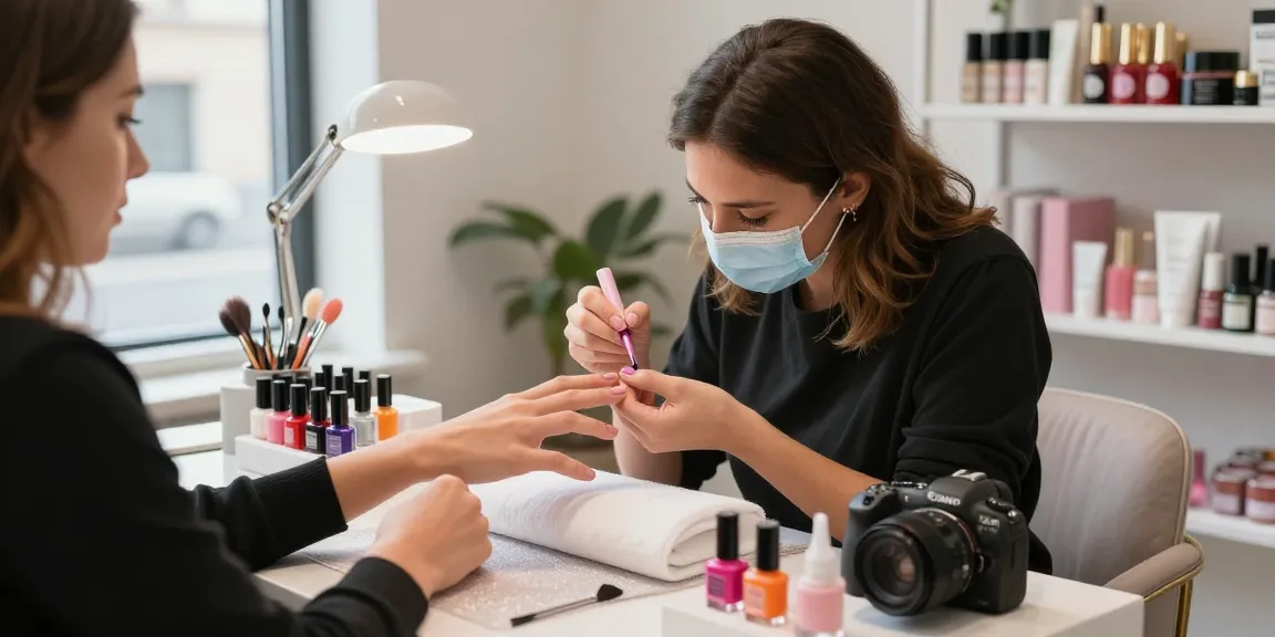 Teknisi kuku menggunakan produk LUXURY12 di salon kecantikan modern dengan pencahayaan alami.