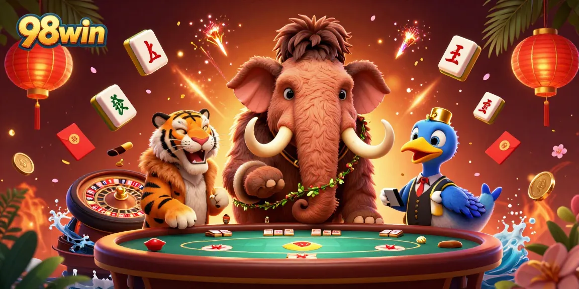 Experience the thrill of betting with 98win at this vibrant casino illustration featuring a mammoth bouncer and tiger guest.