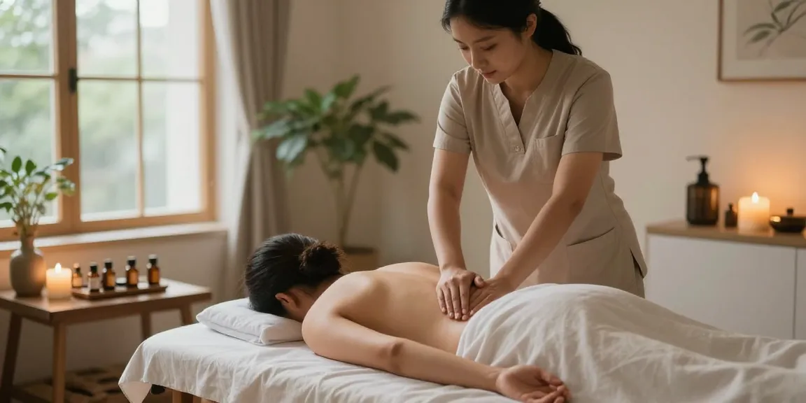 스웨디시 마사지가 진행 중인 안락한 마사지 스튜디오 모습