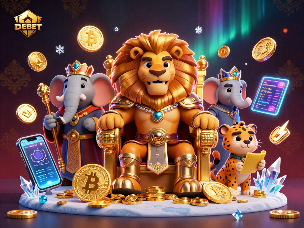 Engage with DEBET's dynamic gaming scene featuring a lion king, elephant advisor, and cheetah messenger.