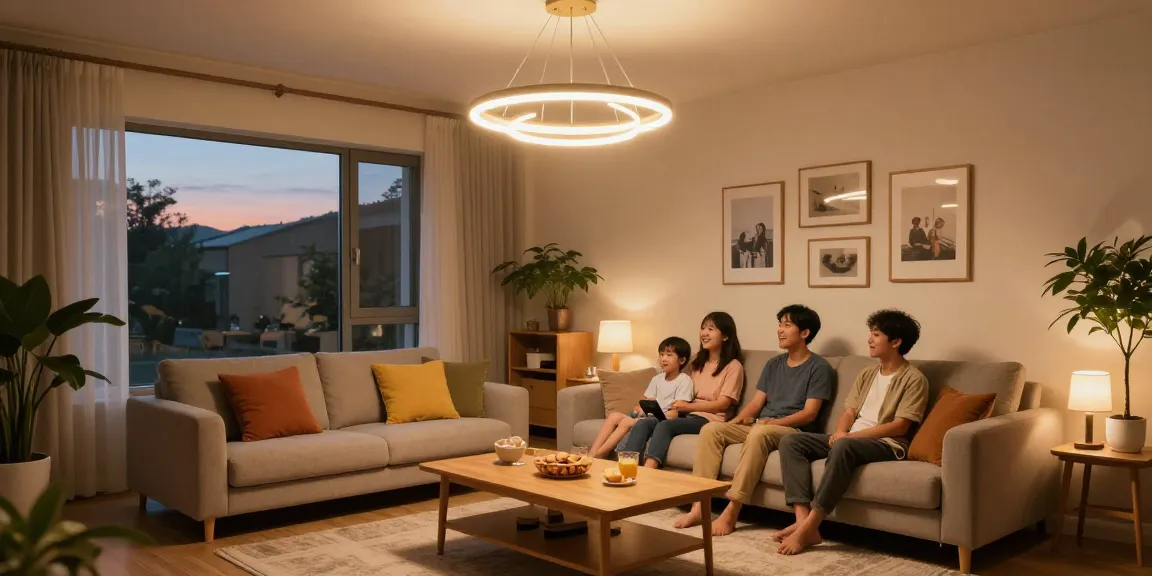 Ilustrație a unei lustre LED elegante într-o cameră de zi primitoare, iluminare caldă.