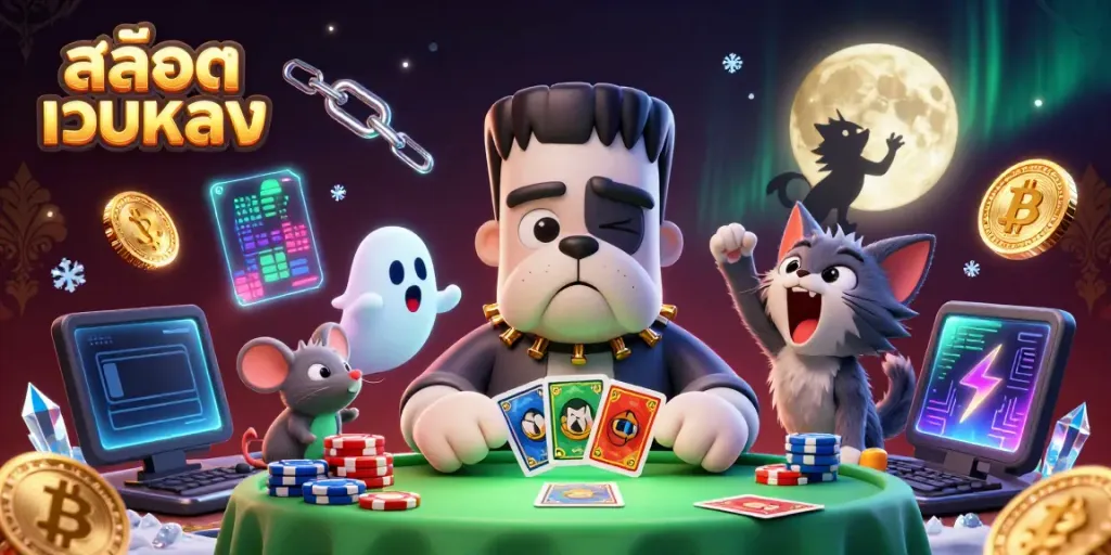 Experience the excitement of สล็อตเว็บตรง with a vibrant 3D casino scene featuring unique characters and gaming elements.