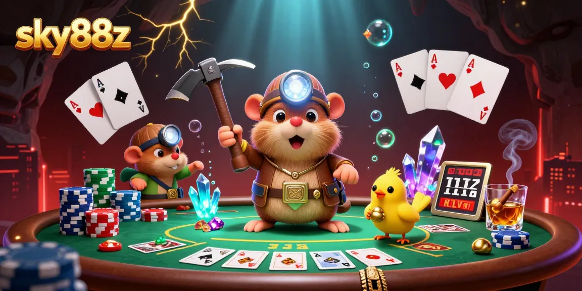 Sky88z showcases a thrilling poker scene with a treasure hunter mole and casino action elements.