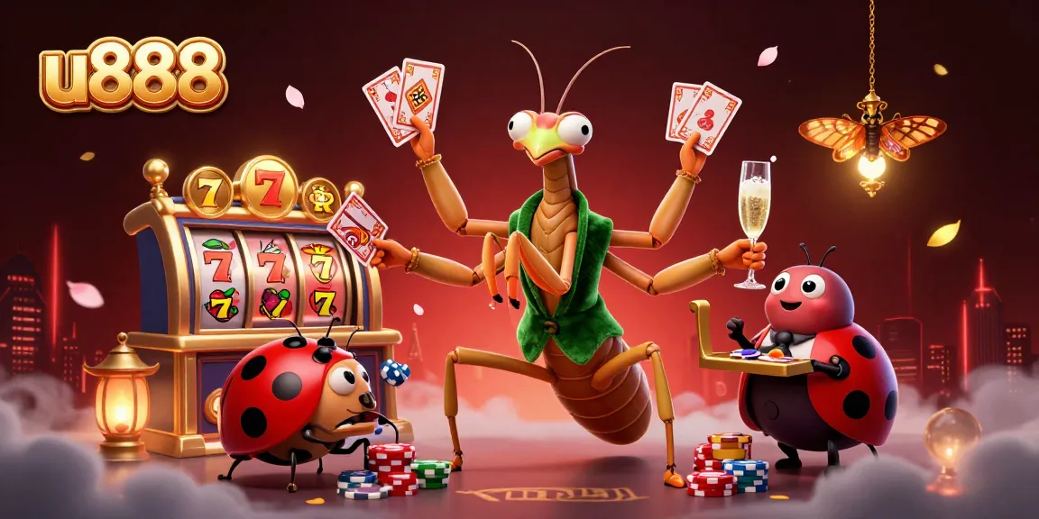 Engage with u888 at a vibrant casino scene featuring a giant mantis card dealer and ladybug pit boss.