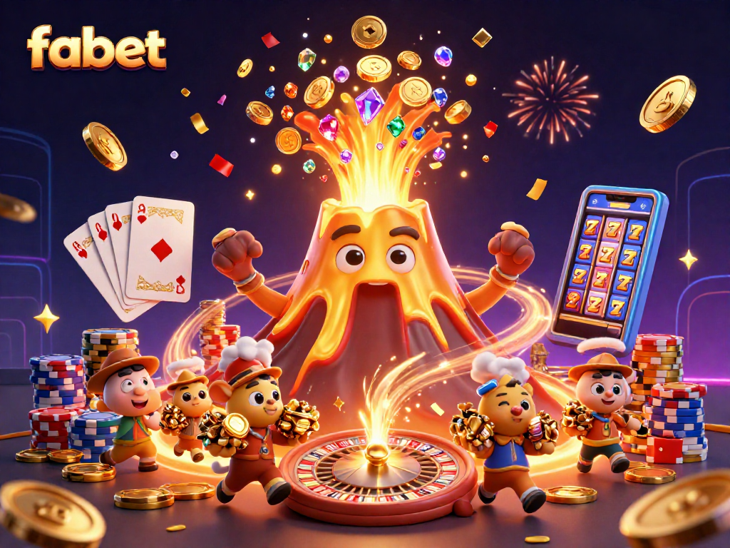 Join the excitement at fabet, where a golden volcano erupts treasures in a vibrant casino adventure.