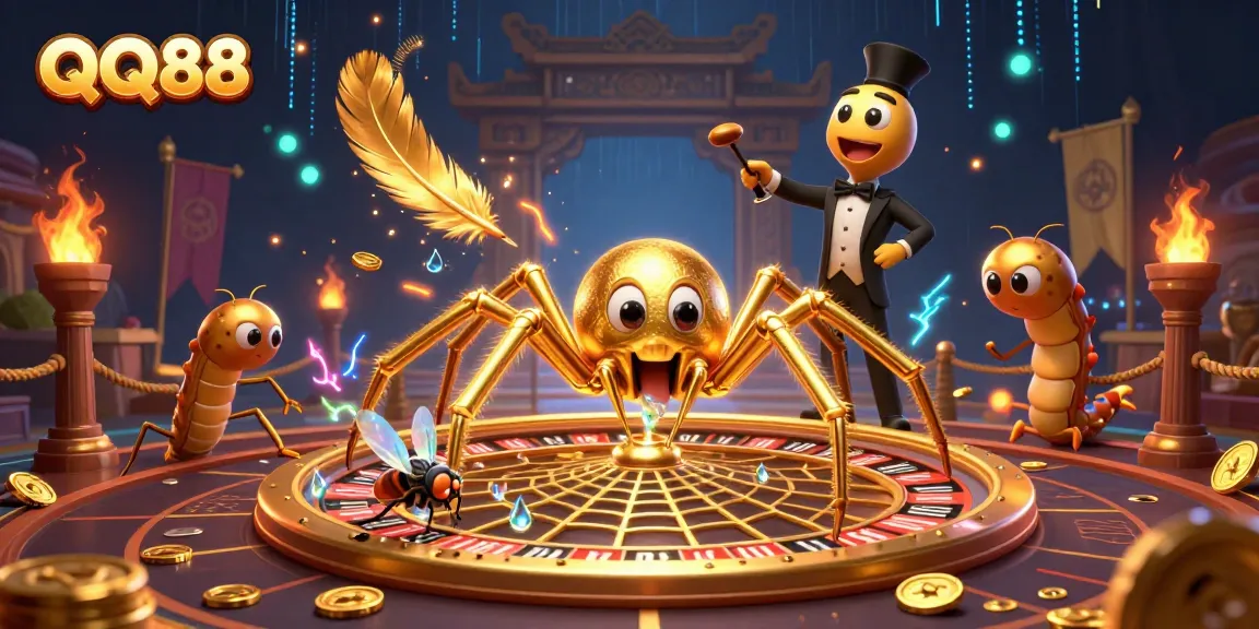 Place bets at QQ88's dynamic roulette wheel spun by a golden spider in a vibrant casino scene.