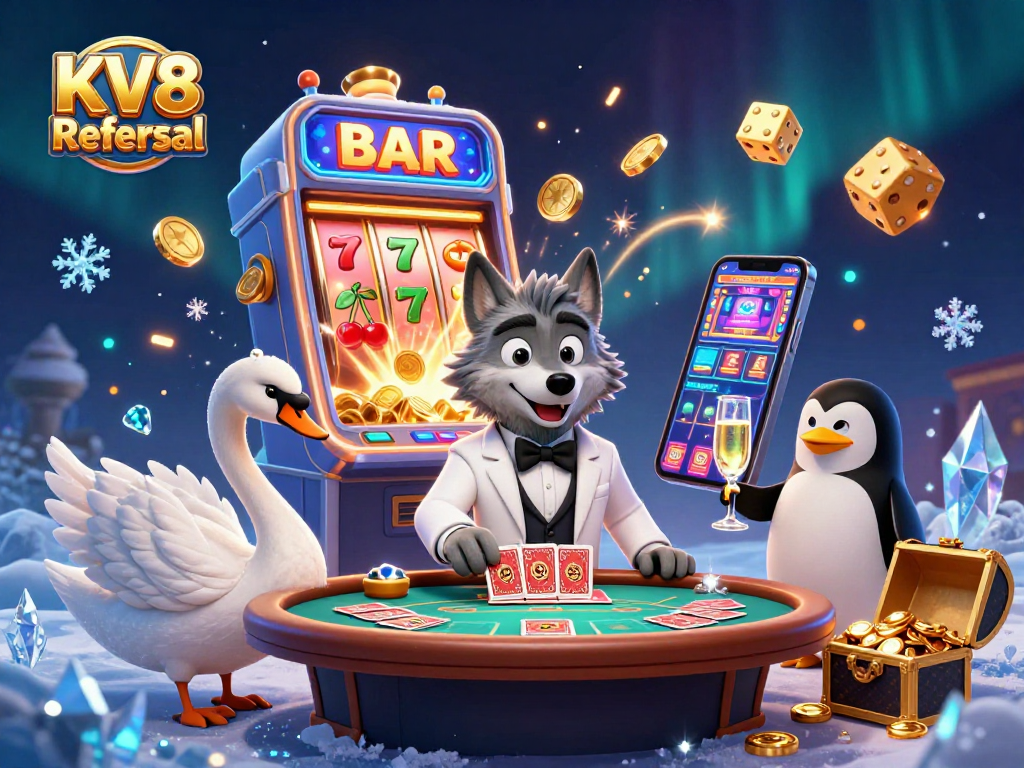 Play and win big with KV8 Referral as cartoon characters showcase an exciting casino atmosphere.