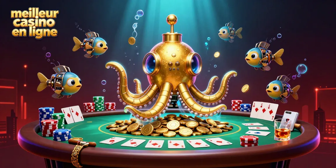 Explorez le meilleur casino en ligne avec un kraken doré et une table de poker riche en détails.