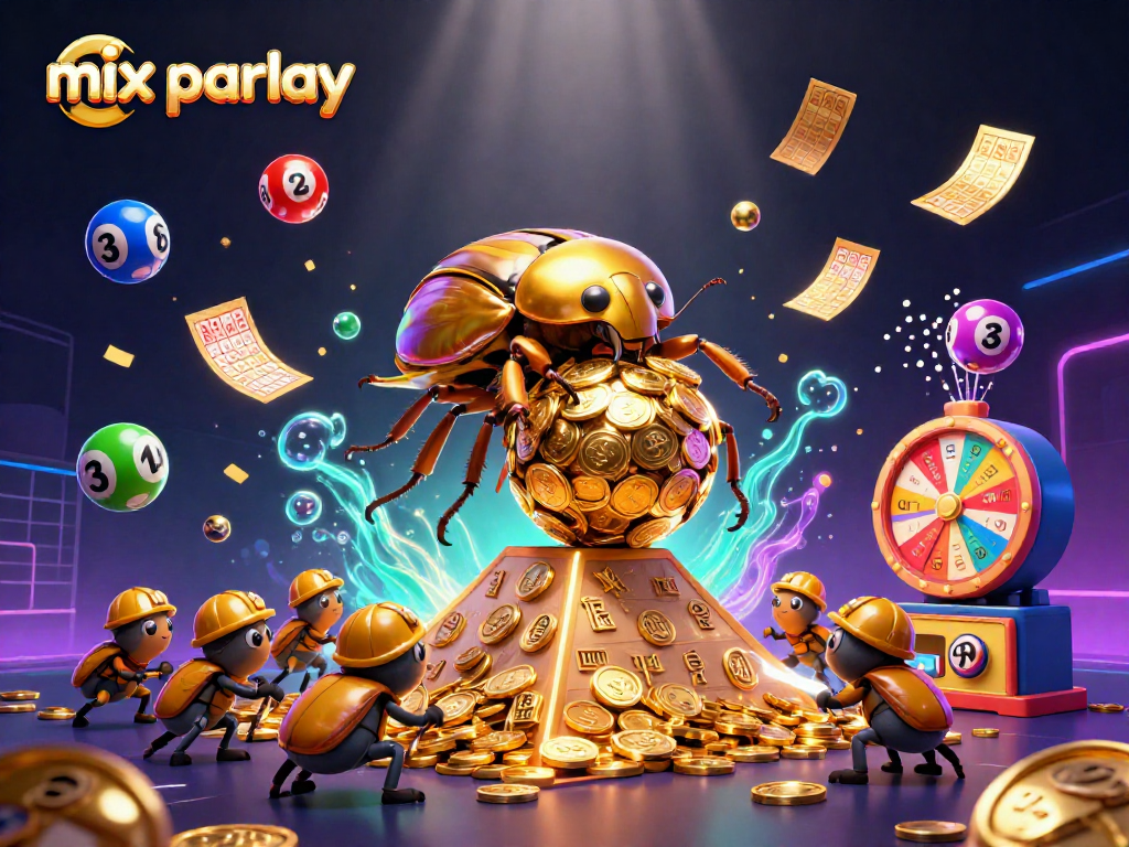 Experience the excitement of mix parlay betting with colorful scenes filled with vibrant game elements and golden treasure.