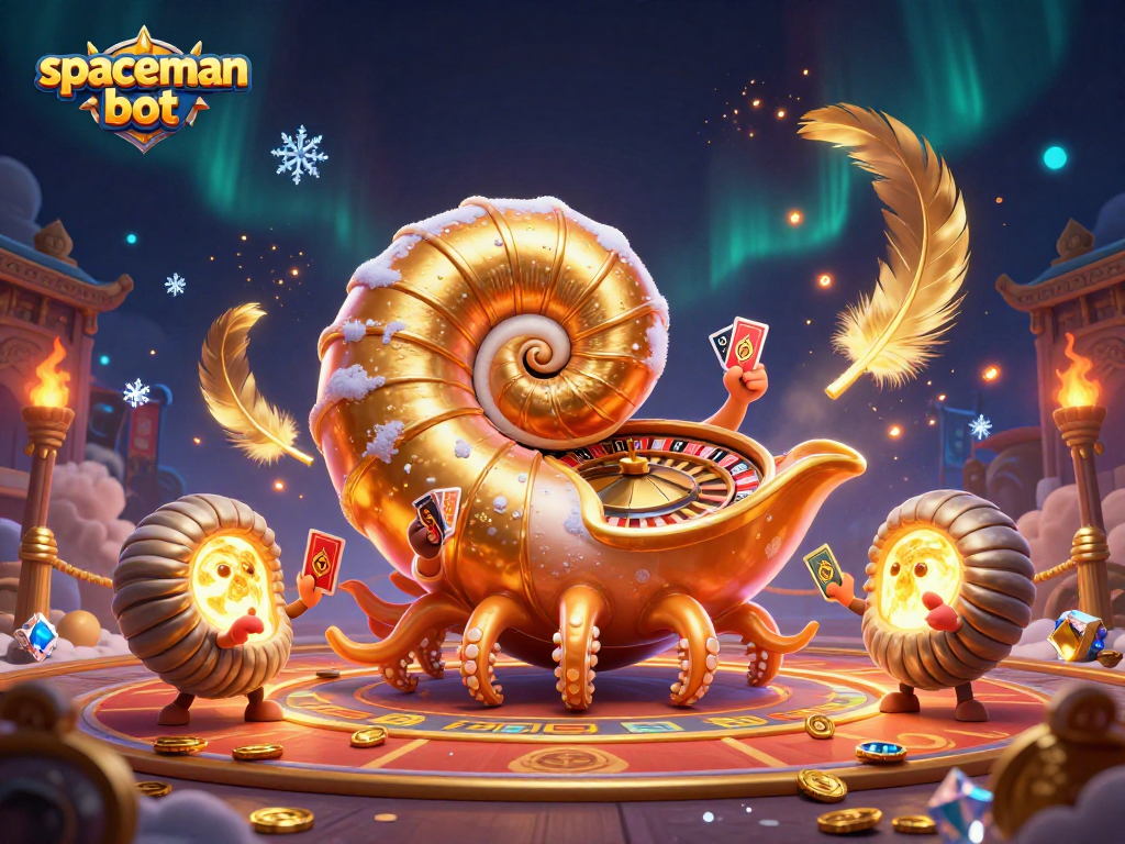 Engage with the spaceman bot as the giant nautilus spins a roulette wheel amidst dazzling casino elements.