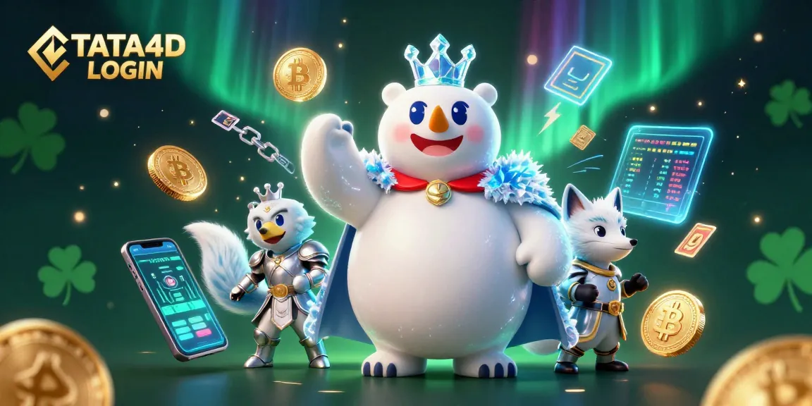 TATA4D LOGIN showcases a vibrant 3D casino scene with characters amid a cryptocurrency backdrop.