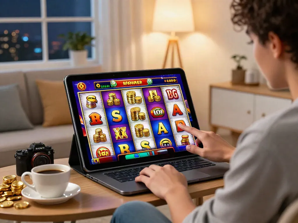 Engaging player enjoying slot games on a tablet in a cozy home setting