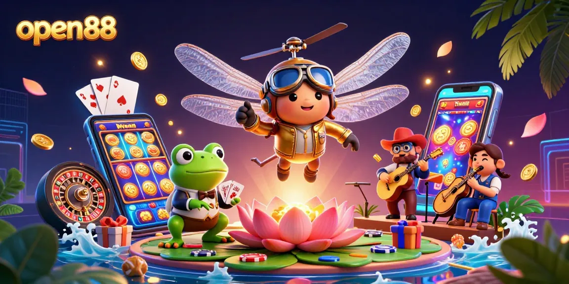 Experience the excitement of open88 with a dynamic casino scene featuring thrilling games and characters.