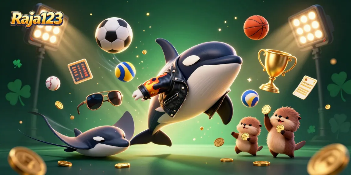 Raja123 showcases a lively 3D scene with fun characters celebrating sports betting, perfect for enthusiasts.