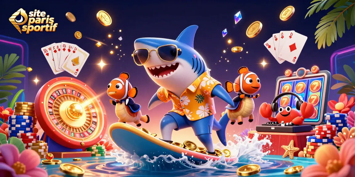 Pariez sur votre site de paris sportif avec une scène animée impliquant un requin surfeur et des éléments de jeux de casino.