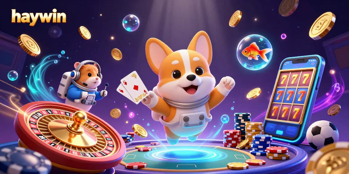Join haywin for a captivating adventure in this lively casino illustration filled with floating coins, slot reels, and vibrant elements.