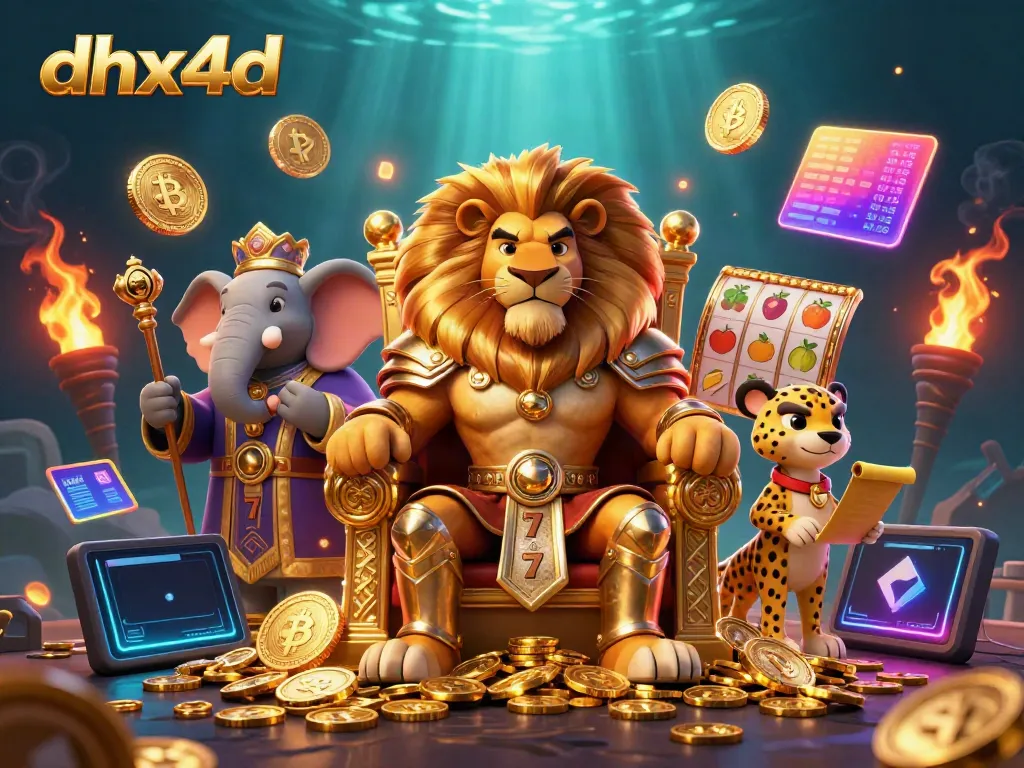 DHX4D, raja singa dan penasihat bermain slot dengan elemen cryptocurrency yang menyala.