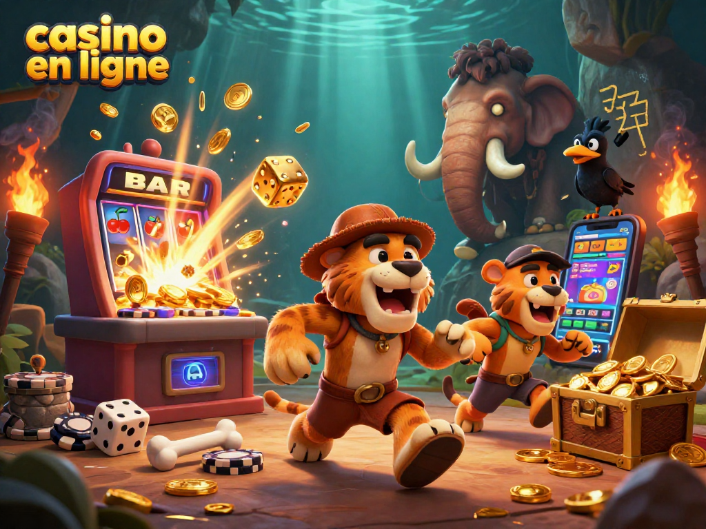 Jouez au casino en ligne avec style grâce à ce duo préhistorique exceptionnel, entouré de machines à sous et de trésors.