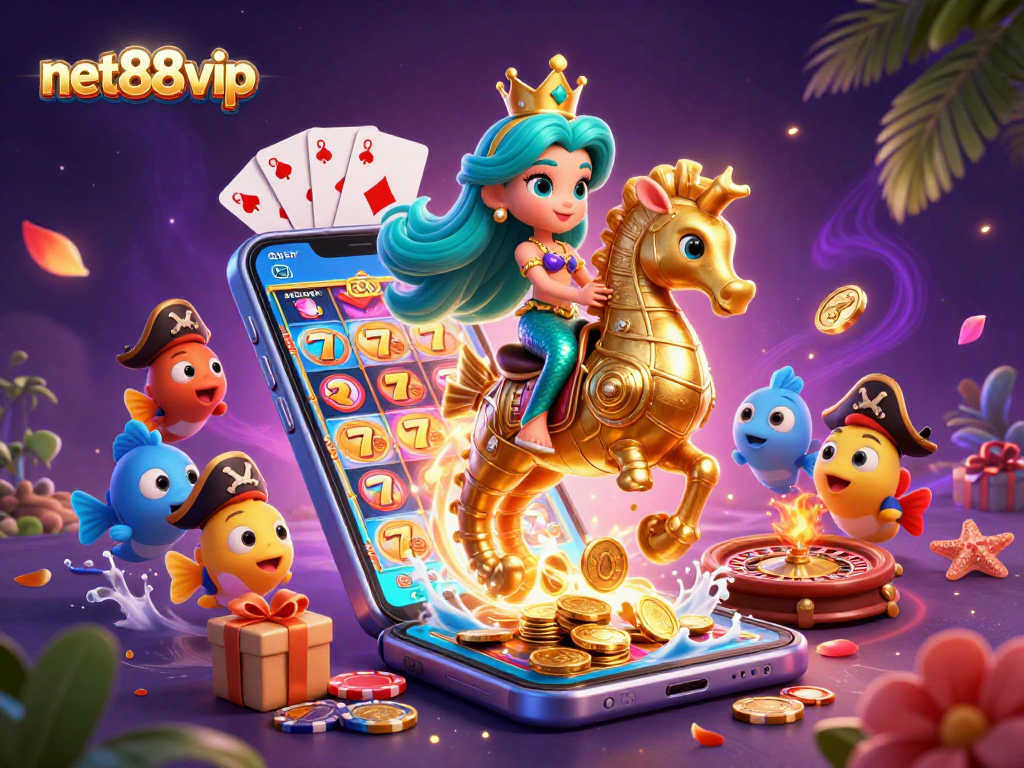 Engage with net88vip’s vibrant 3D casino world featuring a mermaid, golden seahorse, and slot games.
