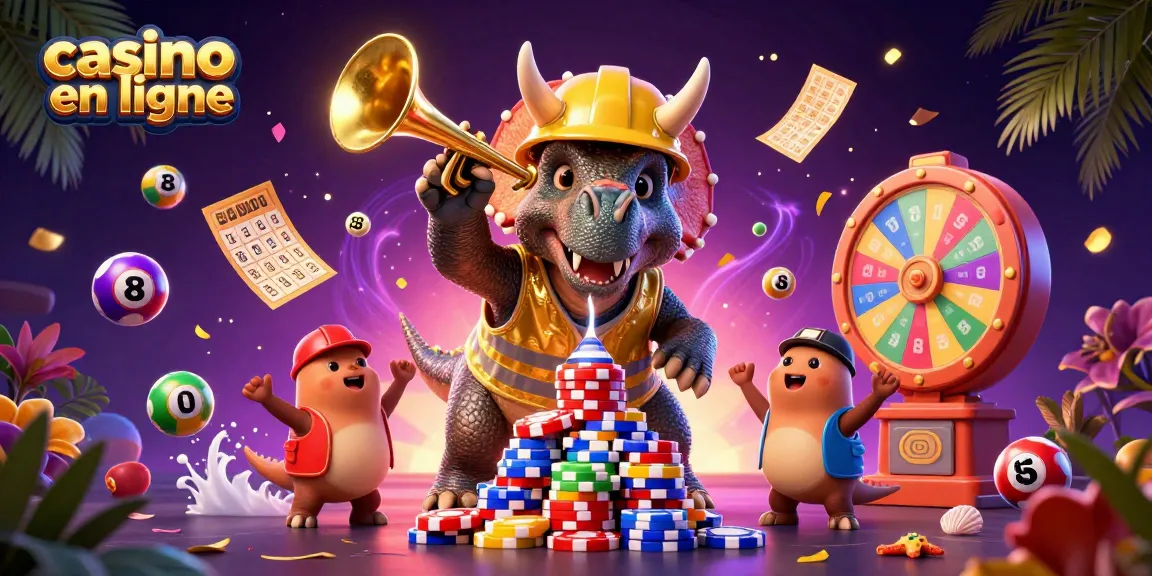 Des jeux de casino en ligne animés avec des personnages dino célébrant autour de jetons.