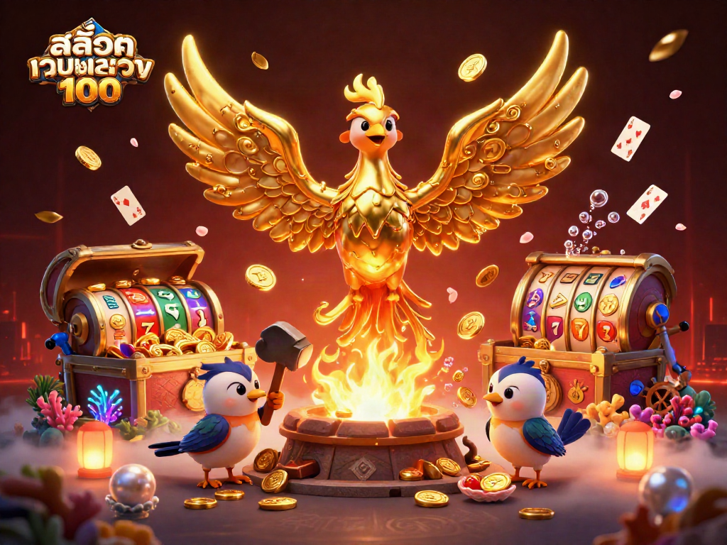 Spin to win with สล็อตเว็บตรง100, featuring a molten golden phoenix amidst vibrant jackpots and underwater treasures.