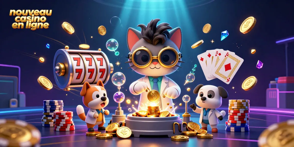 Image d'une illustration 3D de "nouveau casino en ligne" avec un chat fou et un chien assistant entourés de pièces d'or.
