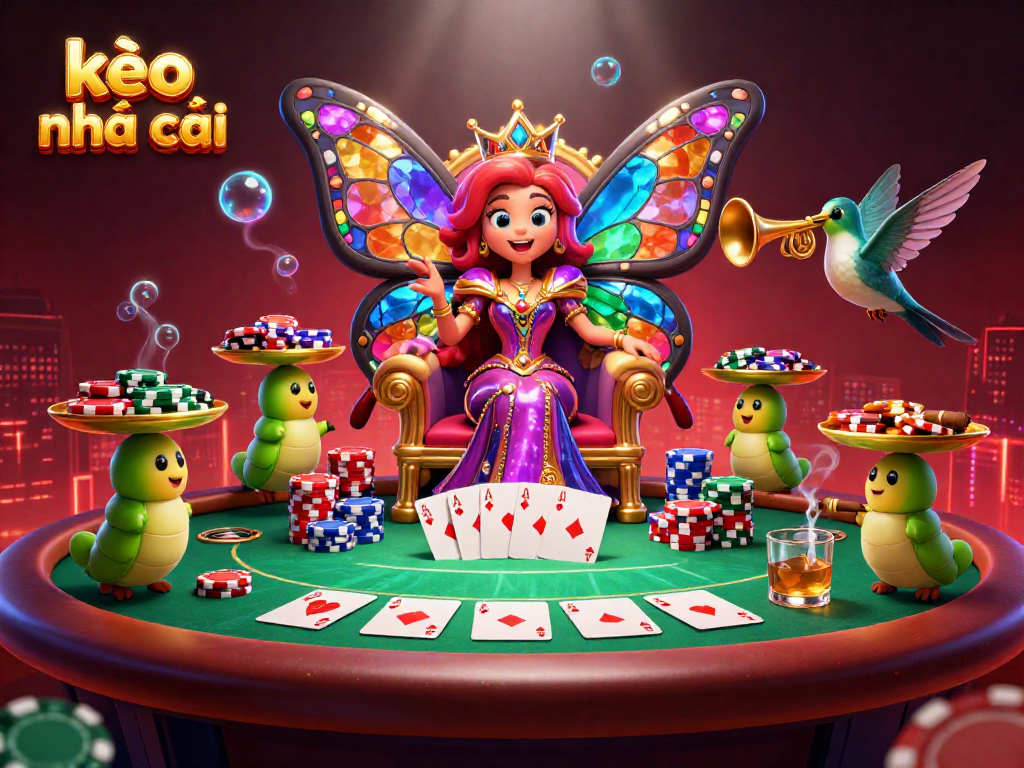 Engage in kèo nhà cái action with a vibrant poker scene featuring colorful chips and a butterfly queen.