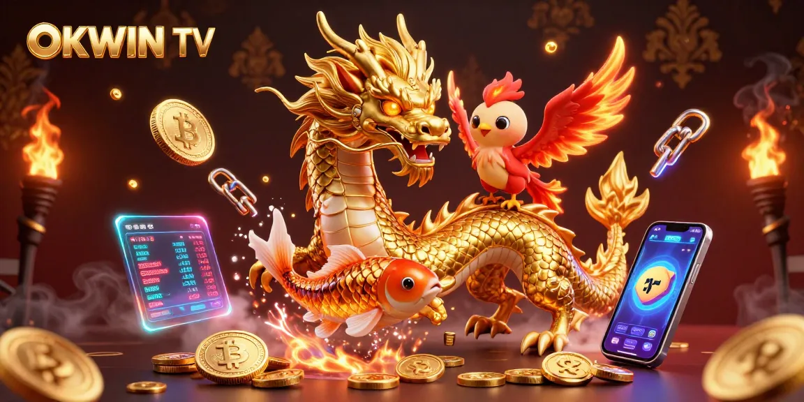 Experience the excitement of OKWIN TV with a fierce dragon and phoenix in a dynamic gambling-themed illustration.