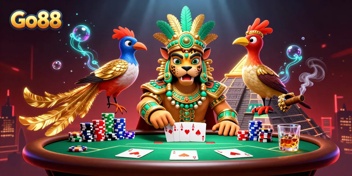 Engage in thrilling poker action with Go88's vibrant casino scene featuring dynamic characters and rich game elements.