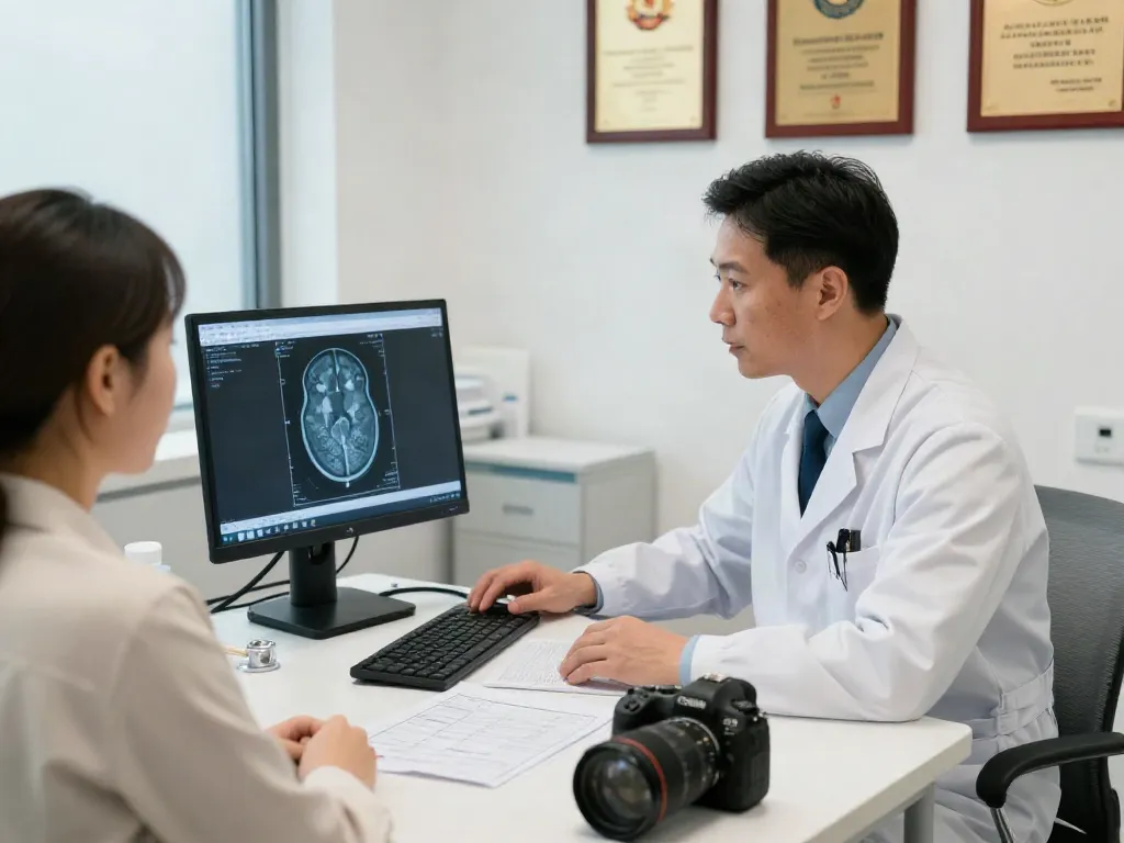 Telestroke consultation showcasing a medical professional using advanced telemedicine technology in a modern clinic.